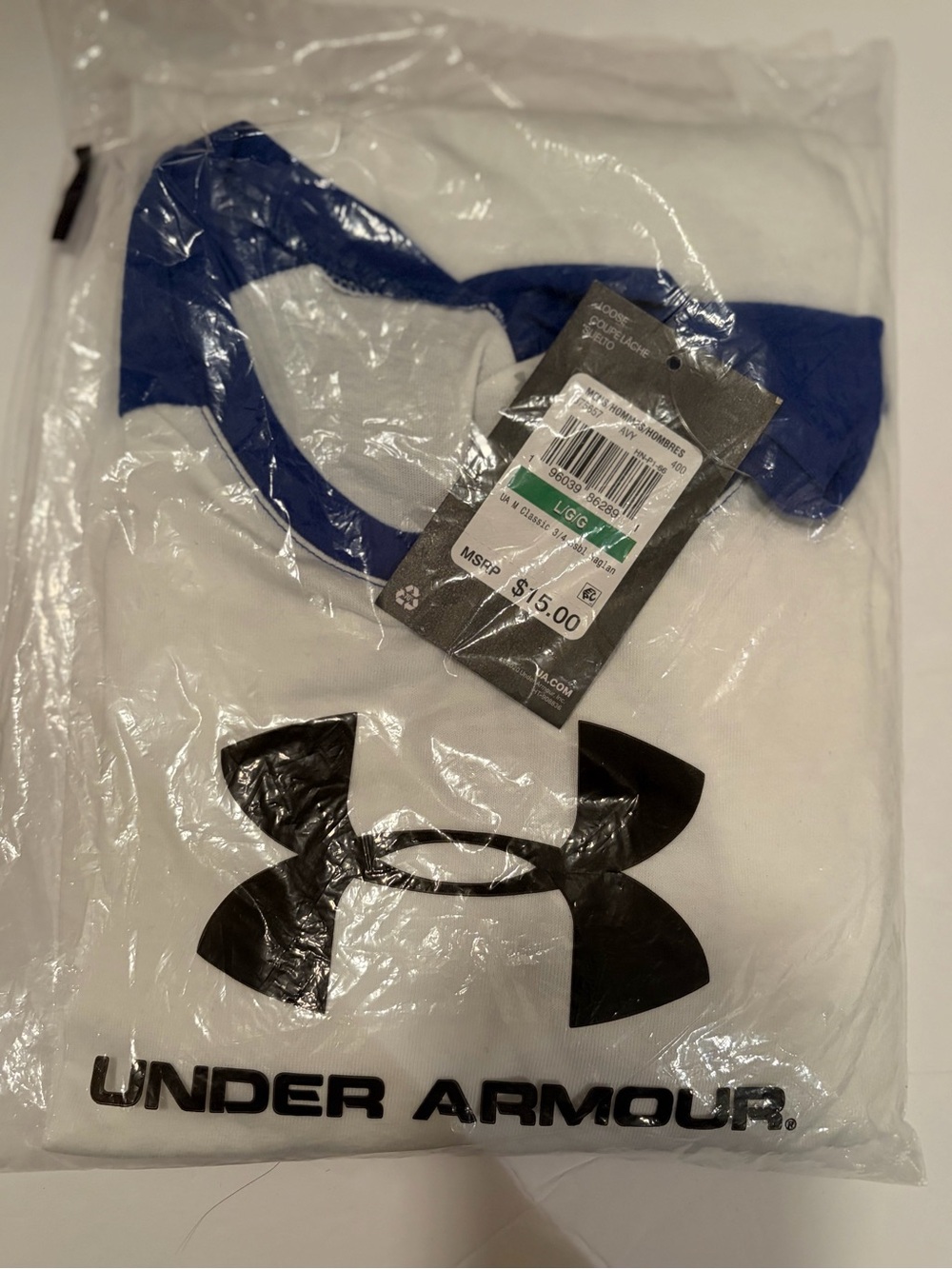 Under Armour White 3/4 Sleeve Tee with Blue Trim - New